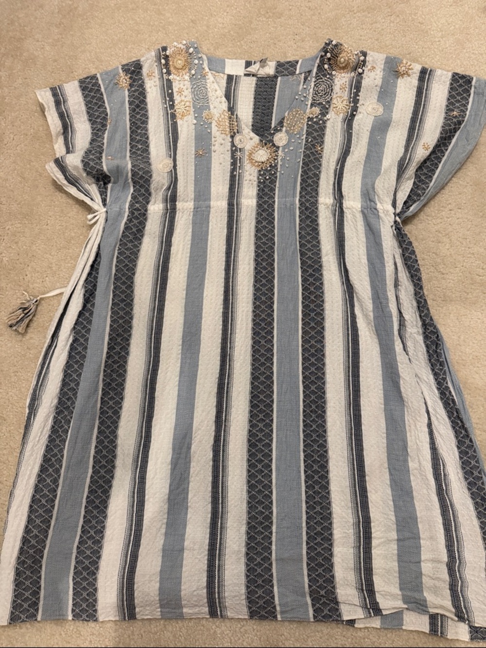 Anthropologie Embellished Striped Swim Coverup in Blue, White, Cream